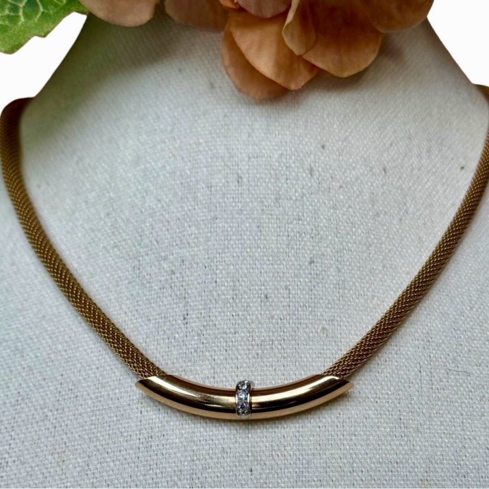Avon Gold Tone Mesh Necklace Curved Bar Rhinestone Accent | Vintage Holiday Gift